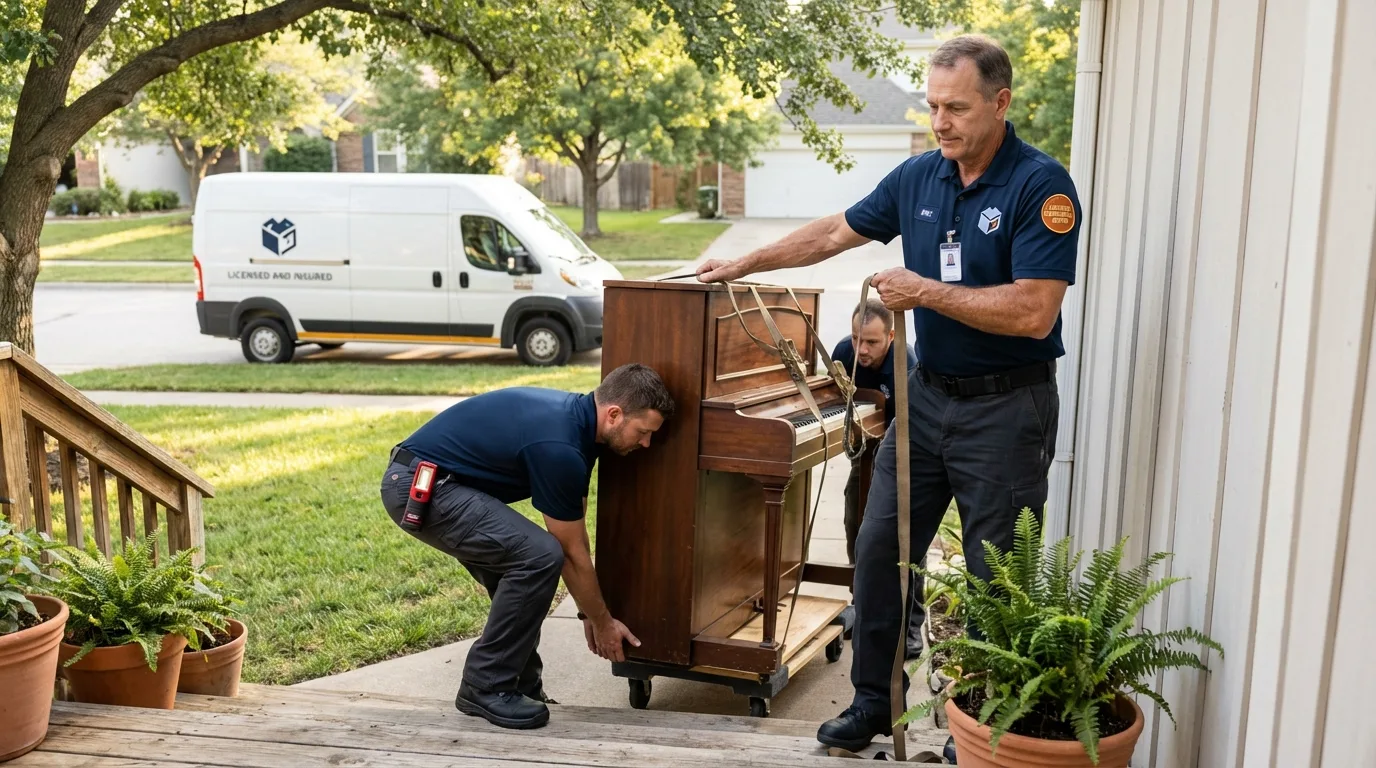 Licensed piano movers securing grand piano in Ontario, OR