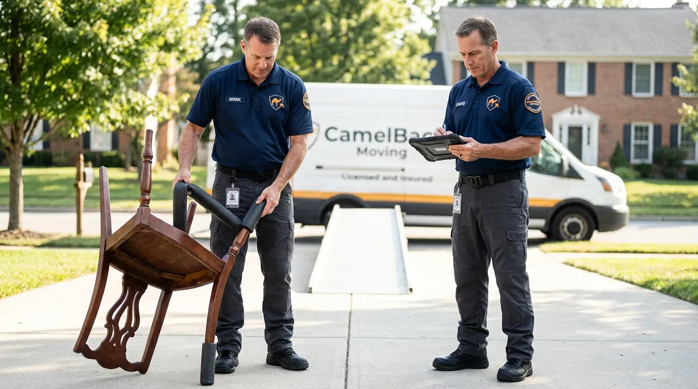 Movers inspecting furniture for damage prevention before loading in Ontario, OR