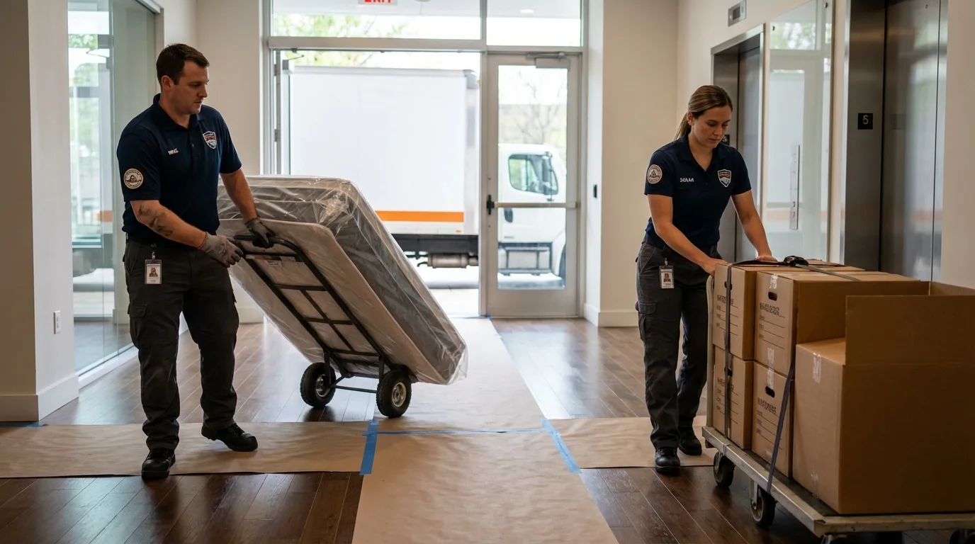 Professional apartment movers loading elevator in Ontario, OR